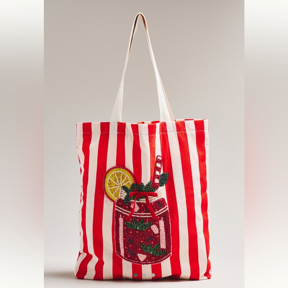 NWT Anthropologie Printed Beaded Bloody Mary Canvas Tote Bag
